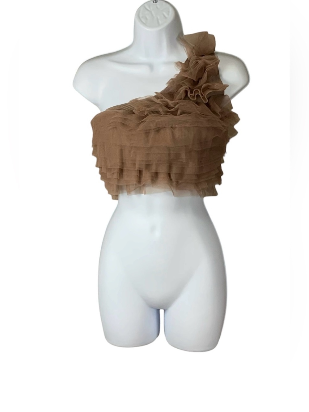 Taupe Asymmetric Ruffled Tulle One-Shoulder Crop Top